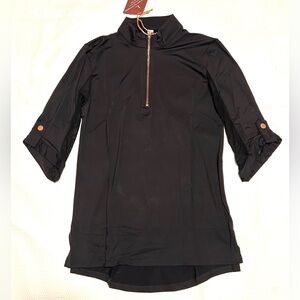 Black Quarter-Zip Tunic Top with Buttoned Sleeves